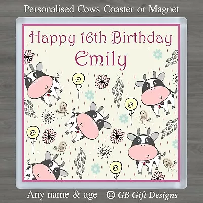 £3.35 • Buy Personalised Cow Coaster Or Magnet Any Age Birthday Gift Xmas Cow Lovers Cute