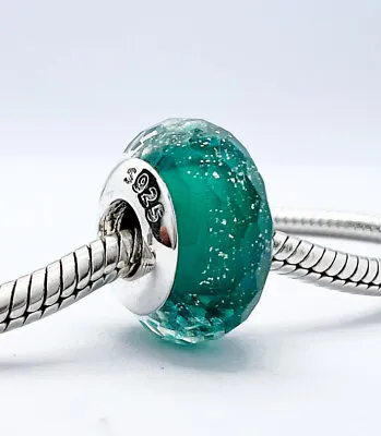 💖 Green Glitter Murano Glass Charm Bead Genuine 925 Sterling Silver 💖 • £18.95