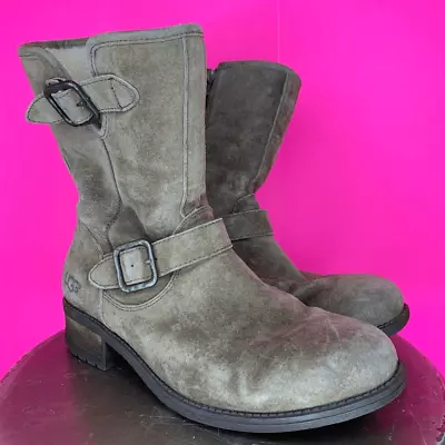 Ugg Chaney Light Brown Suede Shearling Lined Double Buckle Mid Calf Moto Boot Si • $38.97