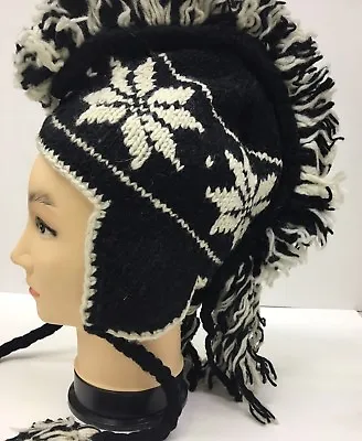 Mohawk Hand Knitted Himalayan Black Snowflakes Beanie Trooper Hat Made In NEPAL • $11.99