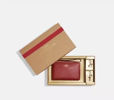 NEW In Box Coach Boxed Corner Red Leather Zip Wristlet In With Two Charms #CF359 • $61