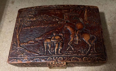 $14 • Buy Antique Leather Bound Wood Trinket Box Coffin Shape Hinged Lid
