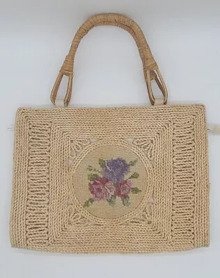 Vtg Straw Purse Floral NEEDLEPOINT Bamboo Handles Lined Zipper Top Cottagecore • $29.99