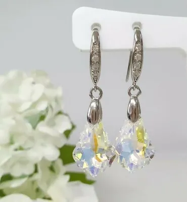 £11.50 • Buy 925 Silver Drop Dungle Earrings With Swarovski Crystals Crystal AB 16mm