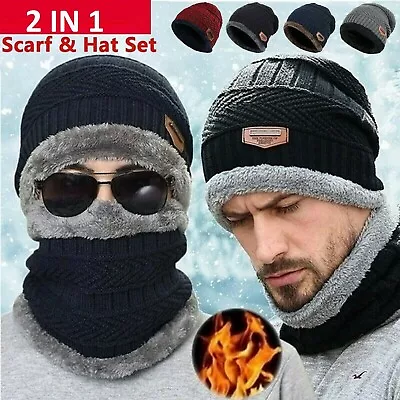 Men Women Hat Winter Knitted Neck Warm Scarf Beanie Fleece Ski Cap Hat Slouch AU • $12.49