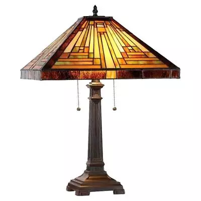 Tiffany Style 2-Light Antique Bronze Finish Mission Stained Glass Table Lamp • $185.77