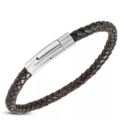 Stainless Steel Silver-Tone Braided Leather Mens Cuff Bracelet 8.75  • $19.99