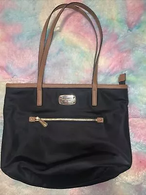 Michael Kors Kempton Shoulder Tote Bag Black & Nylon Brown Leather Trim • $25