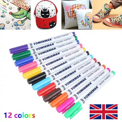 12x Fabric Marker Pens Set. Permanent On Clothing Textiles Dye T-Shirt Shoes Etc • £8.39