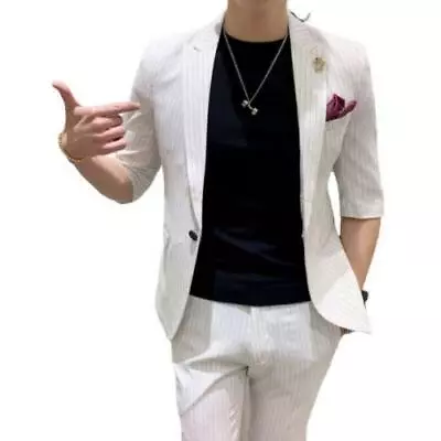 Mens Slim Fit One Button Suit 2PCS Striped Blazer Jacket Pants Half Sleeve Coats • $98.23