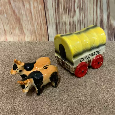 Vintage Victoria Ceramics Japan Cow Covered Wagon Salt Pepper Shaker Set • $25