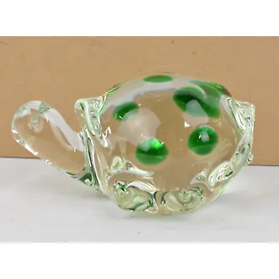 Murano Venetian Clear Art Glass Turtle 3D Green Dot Shell Figure 6''x3'' • $31.50