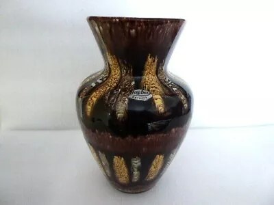 JASBA BROWN VASE WITH  GREEN & YELLOW STREAKS 131/18  WEST GERMANY C1960's • £10