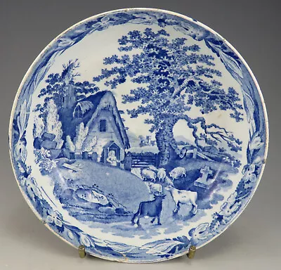 £31 • Buy Antique Pottery Pearlware Blue Transfer Rural Scene Saucer 1825