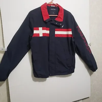 Nautica Jacket Men's M Navy Blue With Red & White Stripe And Red Collar VTG • $29.99