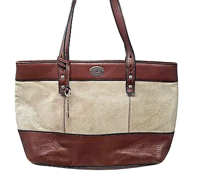 FOSSIL Metallic & Brown Hunter Leather Tote Carry-All Shoulder Bag Zip-Top • $64.99