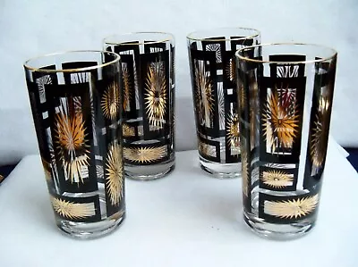 4 Vtg Atomic 1960s MCM Mid Century Modern Black & Gold Starburst Glass Tumblers • $25