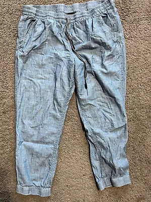 J.Crew Seaside Jogger Pants Women 14 Blue Chambray Cotton Elastic Waist • $14.21