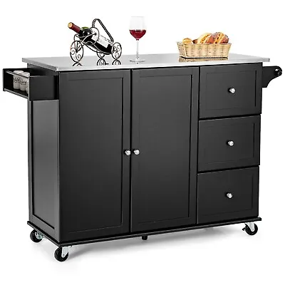 Kitchen Island Rolling Storage Trolley Cart Stainless Steel Countertop 2 Doors • £178.95