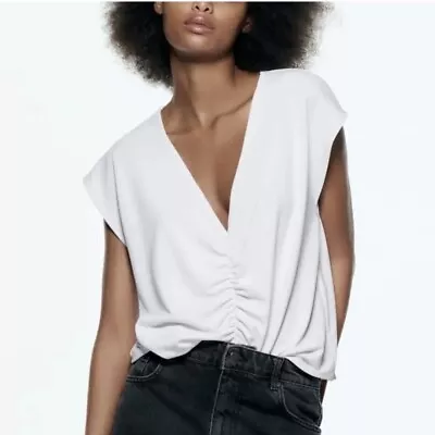 NEW Zara Sleeveless V-Neck Ruched Front Blouse Top Womens Size Medium White • $24.98