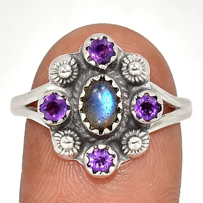 Natural Labradorite & Amethyst 925 Sterling Silver Ring XA10 S.9 CR24250 • £8.44