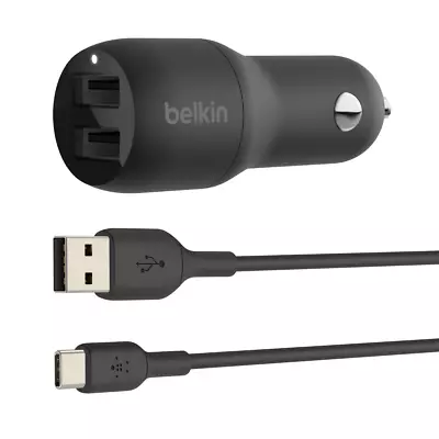 NEW Belkin BOOST CHARGE Dual USB-A Car Charger 24W + USB-C Cable CCE001BT1MBK • $34.95