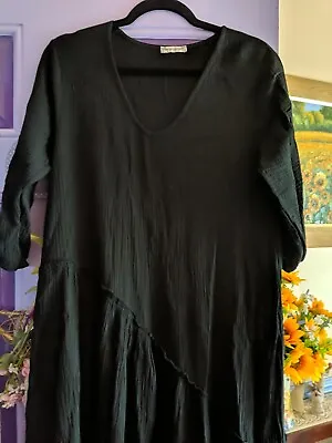 Made In Italy Cheesecloth 100% Cotton Washed Black Smock Dress O/S Plus  • £7.99