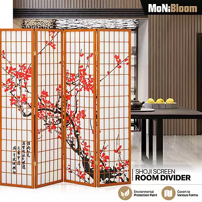 4 Panel Wooden Folding Room Divider Plum Blossom Privacy Partition Fabric Screen • $109.99