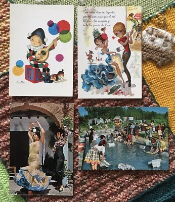 £2.50 • Buy Bundle 4 X Vintage Picture Postcards Cards Spain Portugal Cartoon Dress Ladies