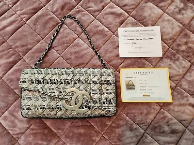 Vintage Authentic Chanel Tweed CC Diagonal Flap Bag Pochette ~Black White Silver • $3700