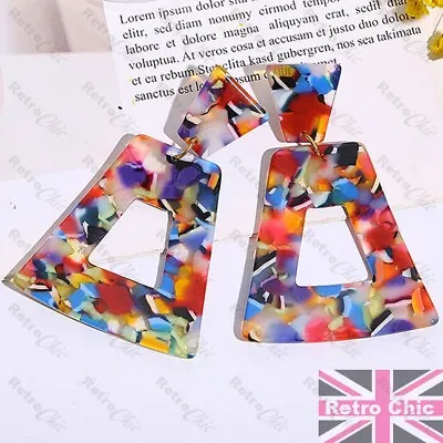 7cm BIG MULTI Red Blue EARRINGS Resin SQUARE Hoop 80s RETRO Vintage STYLE Pop • £4.99