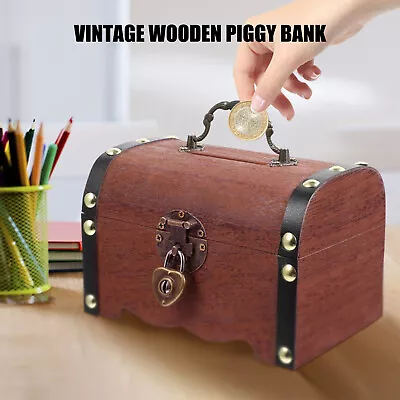 Wooden Money Box Vintage Piggy Bank With Lock 4 Size Holds 300-3000 Coins Gifts • £20.99