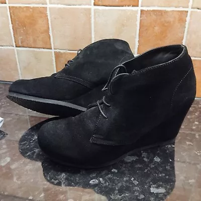 Fat Face Shoes Size 7 UK Suede Wedge Heel Black Evening Heeled Lace Up • £29.95