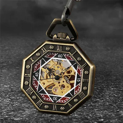 Mens Skeleton Pocket Watch Mechanical Hand-winding Octagon Open Face Chain Retro • $17.56