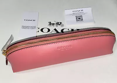 🩷 NWT COACH Leather PENCIL CASE Cosmetic Brush Pouch Bag TAFFY Pink • $59.95