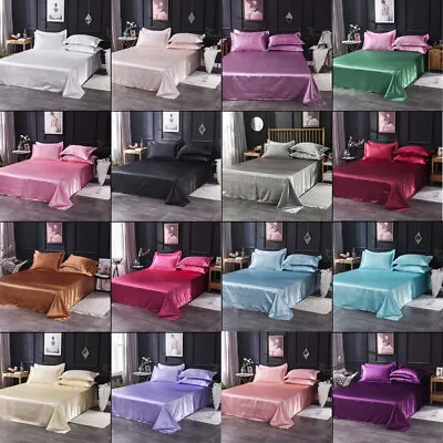 Satin Silk Bedding Flat Bed Sheet Or Pillow Case Flat Sheet Twin/Queen/King Bed • $24.04