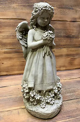 Stone Garden Large Winged Angel Cherub With Flowers Statue Ornament • £49.83