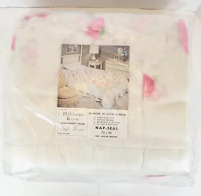 Vintage 72  X 90  Montgomery Ward Pink Floral Blanket | White Nylon Edge • $49.99