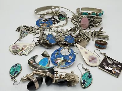 Vintage Alpaca Silver Tone Mexico Fashion Jewelry Lot W/ Lapis Turquoise MOP • $11.50