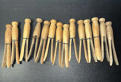 Vintage 14  Wood Clothes Pins With Wire Wraps Two Without Wraps • $16