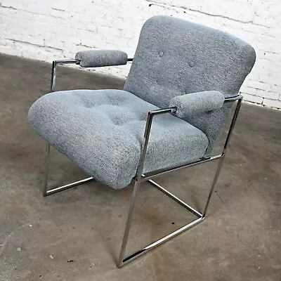 Modern Chrome & Blue Gray Fabric Thin Line Armchair Milo Baughman Thayer Coggin • $1995