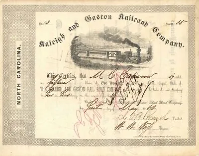 Raleigh And Gaston Railroad Co. Signed By Lawrence O'Bryan Branch - Stock Certif • $758.74