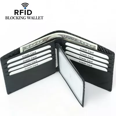 $15.95 • Buy Mens Bifold RFID Blocking Black Carbon Fiber Slim Cardholder Leather Wallet New