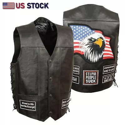 VEST LEATHER Biker Black Real Cow Motorcycle 8 Patches US Flag Eagle MC ELM3925 • $39