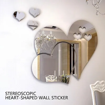 3D Mirror Tiles DIY Love Heart Wall Stickers Self Adhesive Room Home Art Decal√ • £4.25