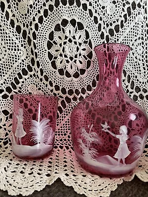 RARE Antique  Mary Gregory  Cranberry Water Caref With Tumbler • $60