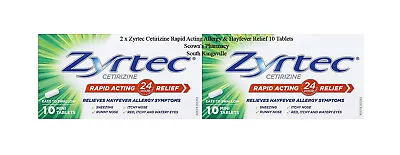 2 X Zyrtec Cetirizine Rapid Acting Allergy & Hayfever 24 Hours Relief 10 Tablets • $36.95