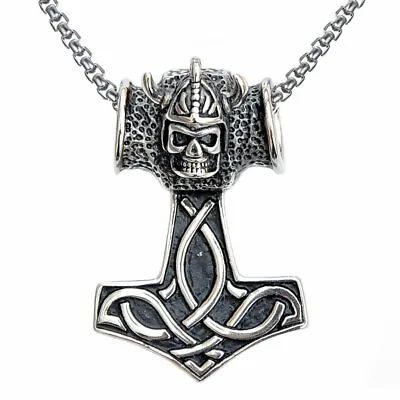 MENDEL Mens Viking Skull Norse Hammer Of Thor Pendant Necklace Stainless Steel • $13.99