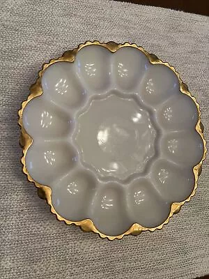 Vintage Oyster Dish Plate White Milk Glass Gold Trim Excellent • $4.99