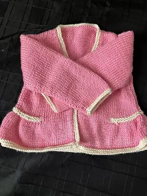 Baby Girls Hand Knit Cardigan In Pink&white Age 6to12 Months. Perfect Condition • £3.50
